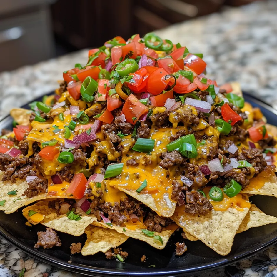 Loaded nachos topped with seasoned beef, melted cheddar cheese, jalapeños, diced tomatoes, sour cream, and fresh green onions on crispy tortilla chips.